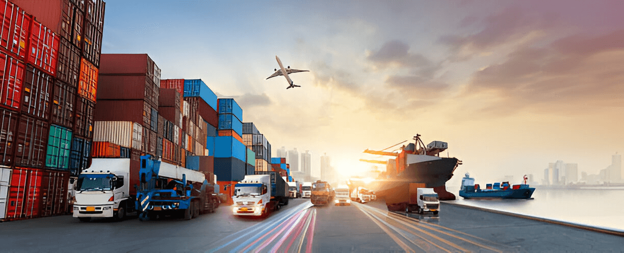 Global logistics hub with shipping containers, trucks, and cargo ships